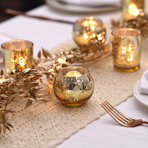 These elegant bowl-shaped gold votive candle holders are perfectly sized for regular tea light candles.With a height and diameter of 2 inches each, they are perfect for any celebration. Candle Dinner Table, Gold Votives, Gold Votive Candle Holders, Gold Votive Candles, Mercury Glass Candle Holders, Mercury Glass Votives, Glass Votive Candle Holders, Glass Votive Holders, Tea Candles