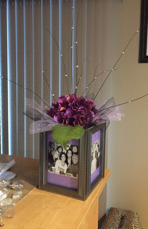 80th Bday Centerpieces, 80 Year Old Birthday Centerpieces, Photo Box Centerpiece, Centerpieces For Outdoor Party, Picture Frame Box Centerpiece, 80th Birthday Centerpiece Ideas, Photo Vase Centerpiece, Happy Birthday Centerpiece Ideas, 80 Birthday Party Centerpieces