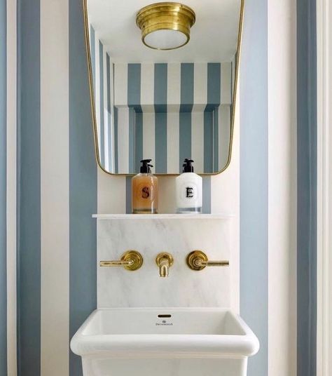 Some quirky downstairs bathroom ideas that have caught my eye 🩵 Can you guess the colour theme we’ll be doing in ours..… | Instagram Interior Design Help, London Townhouse, Downstairs Loo, Downstairs Toilet, Vanity Basin, Downstairs Bathroom, Bathroom Renos, Striped Wallpaper, Guest Bathroom