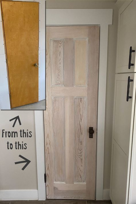 A picture of the before and after of the old door and then the refinished salvaged door that we found to replace it. The image also contains the words "from this to this" referring to the before and after images. White Wash Doors Interior, Diy Antique Door, Refinish Door, Oak Door Frames, Antique White Stain, Salvaged Door, White Cupboard, Door Ways, Flat Kitchen