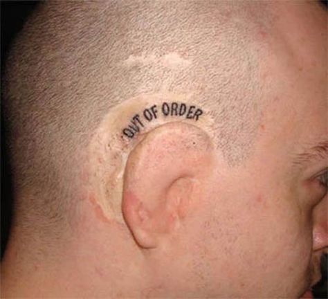 This guy clearly has a good sense of humor. #InkedMagazine #goodhumor #ear #tattoo #outoforder #Ink Side Of Ear Tattoo, Stretch Mark Tattoo, Behind Ear Tattoos, Unusual Tattoo, Bone Tattoo, Tattoos To Cover Scars, Ear Tattoos, Bone Tattoos, Design Café