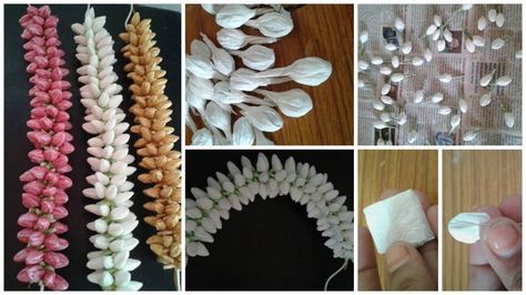 Beautiful tissue paper jasmine buds jewellery: Source Related Paper Flower Garland Diy, Flower Crafts Diy, Paper Flower Letters, Flower Jewelry Diy, Paper Flower Garland, Flower Garland Diy, Paper Flower Backdrop Wedding, Tissue Paper Flowers Diy, Paper Flower Garlands