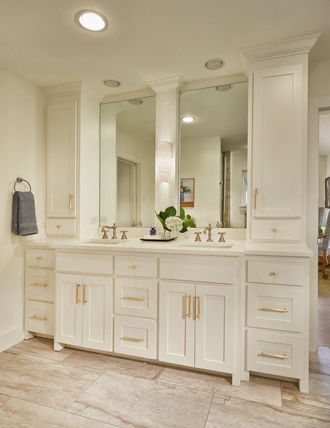 Vanity Tower Cabinets - Transitional - Bathroom - by Alair Homes Dallas | Houzz Bathroom Vanity With Linen Tower Double Sinks, 72 Inch Vanity With Linen Tower, Bathroom Vanity With Storage Tower Master Bath, Custom Made Vanity, 8 Ft Bathroom Vanity, Master Bathrooms With Double Vanity, Bathroom With Tower Cabinet, Master Vanity With Tower, Double Vanity With Side Towers