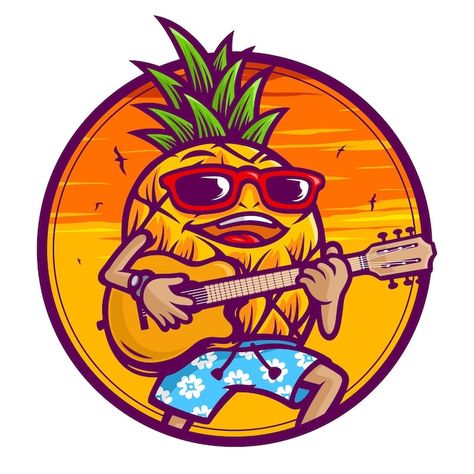 Character Playing Guitar, Pineapple Character, Pineapple Cartoon, Cartoon Pineapple, Pineapple Drawing, Pineapple Illustration, Summer Frame, Cartoon Logo Design, Logo Funny