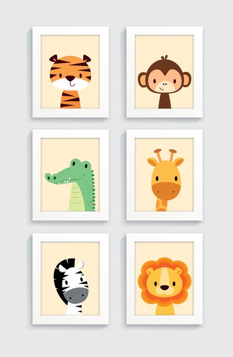 Safari animal nursery set - cute nursery prints Kids Art Wall, Tropisk Fest, Safari Animal Nursery, Safari Animals Nursery, Cute Nursery, Baby Painting, Baby Room Art, Nursery Baby Room, Nursery Set