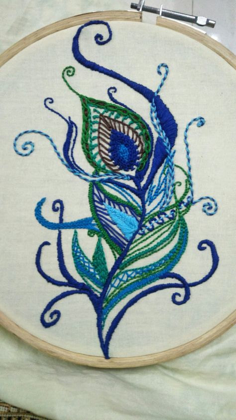 Embroidery Krishna Design, Embroidered Peacock Feather, Krishna Embroidery Designs, Feather Stitch Embroidery Design, Krishna Embroidery, Krishna Feather, Rajasthani Motifs, Embroidery Hoop Art Diy, Feather Embroidery