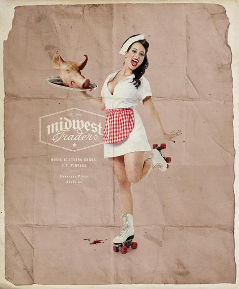 Midwest Trader Print Advert By Xtra Shiny: Waitress | Ads of the World™ Waitress Pose, Adam Johnson, Retro Curls, Creative Advertising Campaign, Ads Of The World, Pin Up Art, Pin Up Style, Creative Advertising, Photo Design