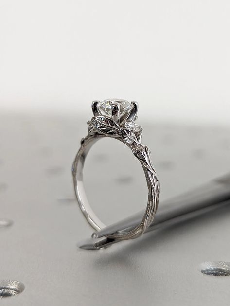 Nature Inspired Lab Grown Diamond Engagement Ring Leaves Band - Etsy Engagement Rings Spiral, Alternative Promise Rings, Alternative Wedding Rings Silver, Engagement Ring Leaves, Sparkly Rings, Wedding Ring White Gold, Black Zirconium Ring, Gemstone Setting, Diamond Alternative Engagement Ring