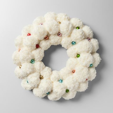 Affordable Holiday Decorations: Wreath Pom Pom with Glass Ball, Opalhouse, $24.99 Diy Snowflake Wreath, Diy Christmas Ball, Pom Wreath, Target Holiday, Pom Pom Wreath, How To Make A Pom Pom, Pom Pom Crafts, Mini Wreaths, Pom Pom Garland