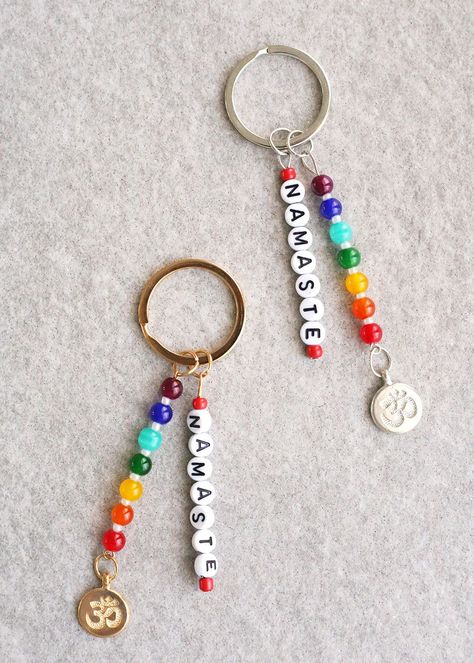 Bright fun colorful beads to add to your keychain collection Easy to use keychain ring with NAMASTE letter beads Healing Crystal Keychain, Beaded Backpack Keychain, Bead Chain Ideas, Letter Beads Keychain, Glass Bead Keychain Diy, Best Friend Keychains, Personalized Keychain Diy, Kids Keychain Craft, Diy Keychain Ideas Beads