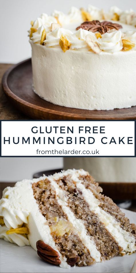 This is the Gluten-Free Hummingbird Cake you have been looking for. Bursting with bananas, fresh pineapple and pecans and lightly spiced with cinnamon. Filled and covered in a gloriously dreamy cream cheese buttercream. Here we make it with your favourite gluten-free flours for maximum flavour and perfect texture. #hummingbirdcake #glutenfree #best #recipe Gluten Free Hummingbird Cake, Hummingbird Cake Recipe, Hummingbird Cake Recipes, Gluten Free Cake Recipe, Cream Cheese Buttercream, Hummingbird Cake, Gluten Free Recipes Bread, Fresh Pineapple, Gluten Free Cake