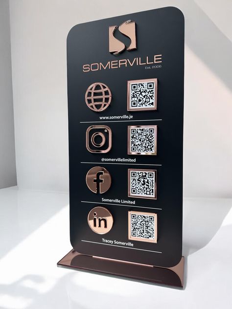 Elevate your business and stand out from the crowd with our Acrylic Multi Icon & QR Code Social Media Sign.  The perfect way to guide your customers to your website, socials, to book an appointment, to leave a review or to make payments. The options are endless!  These luxury, modern signs are laser cut from high quality acrylic and UV printed to perfection for a smart and clean finish sure to last.  Complete with your business logo and available from a range of acrylic colours to match your bus Social Media Business Signs, Qr Code Stand, Scan To Pay, Acrylic Signage, Social Media Signs, Business Signage, Acrylic Colours, Business Banner, Creative Labs