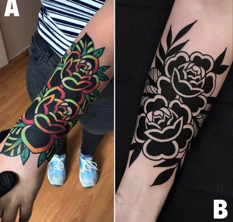 Black And Pink Sleeve Tattoo, Long Tattoo Cover Up Ideas, American Traditional Cover Up Tattoo, Cover Up Tattoos Wrist, Black And Color Tattoo, Traditional Tattoo Wrist, Traditional Tattoo Cover Up, Wrist Cover Up Tattoos, Tattoo Coverup Ideas