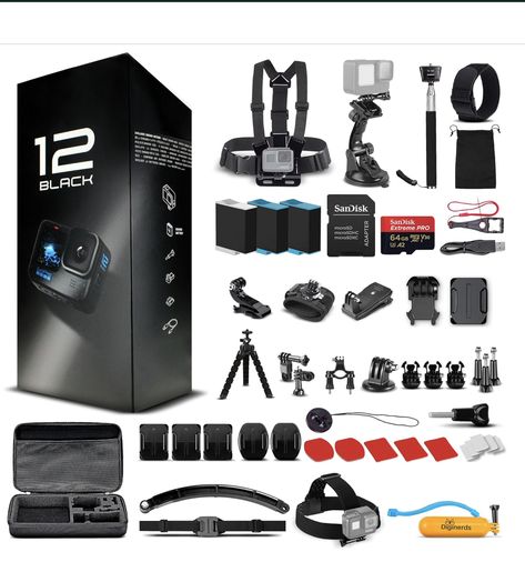 Go Pro HERO12 (Hero 12) Black - with 50 Piece Accessory Kit and 2 Extra Batteries + 64GB Card - Waterproof Action Camera - 5.3K HDR, 27MP Photos, 1/1.9" Sensor, Live Streaming, Webcam, Stabilization Waterproof Camera, Go Pro, Sports Camera, Bluetooth Audio, Monopod, Gopro Hero, Action Camera, Live Stream, Camera Accessories