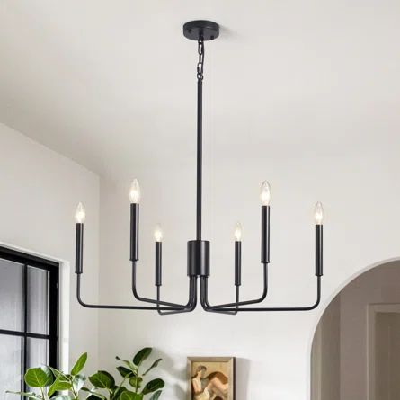 Gracie Oaks Roxsanne 6 - Light Candle Style Classic Chandelier | Wayfair Black Dining Room Light Fixture, Black Farmhouse Chandelier, Dining Room Light Fixture, Lighting Fixtures Kitchen Island, Island Light Fixtures, Classic Chandelier, Black Light Fixture, Black Dining Room, Rectangle Chandelier