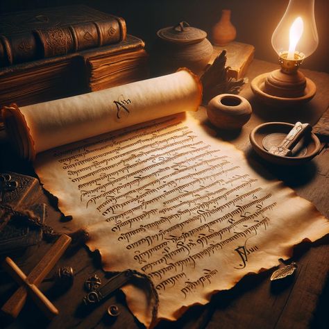 A parchment scroll unrolled on an ancient wooden table, illuminated by the soft glow of an oil lamp. The scroll is filled with elegant, hand-written script in ancient Greek, symbolizing the letter from Paul. Around the table, various symbolic Christian items like a small wooden cross, a clay oil lamp, and an open ancient book. The scene evokes a sense of historical depth and spiritual... Ancient Books Aesthetic, Scroll Aesthetic, Scrolls Aesthetic, Medieval Bible, Small Wooden Cross, Ancient Scrolls, Ancient Lamp, Christian Items, Ancient Letters