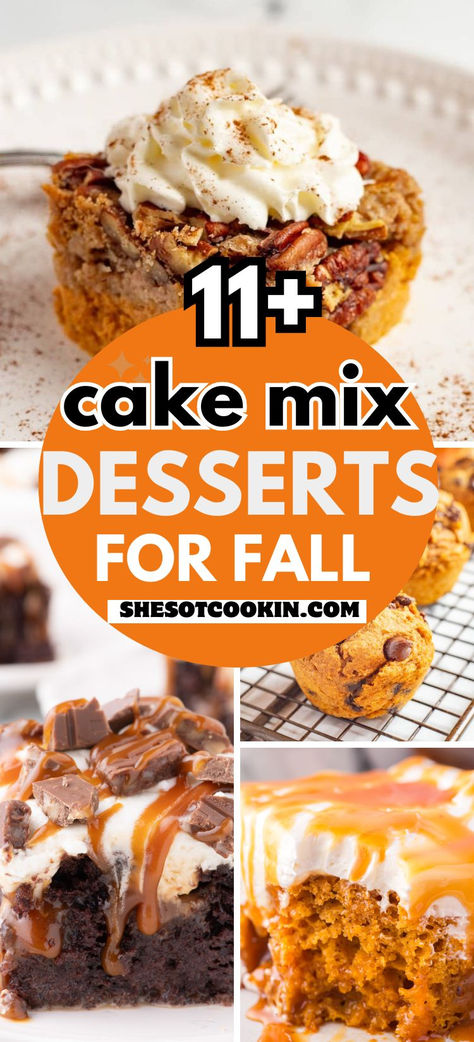 Fall dessert recipes with cake mix photo collage. Family Friendly Desserts, Easiest Fall Dessert, Easy Fall Party Desserts, Fall Simple Desserts, Friday Night Desserts, Best Fall Cupcakes, Quick Weeknight Desserts, Dessert For Fall Party, Fall Cake Walk Ideas