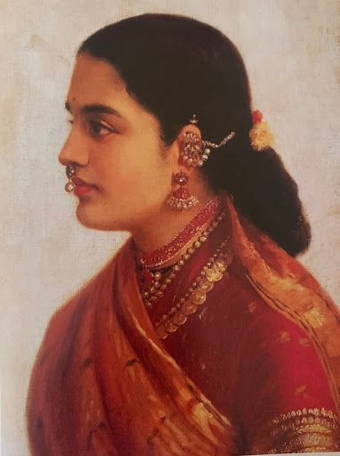 A portrait of a Tamil women, bedecked in traditional jewellery and sari. Raja Ravi Verma Paintings, Ravi Verma Paintings, Ravivarma Paintings, Raja Ravi Varma Paintings, Ravi Varma Paintings, Mysore Painting, Raja Ravi Varma, Ravi Varma, Indian Traditional Paintings