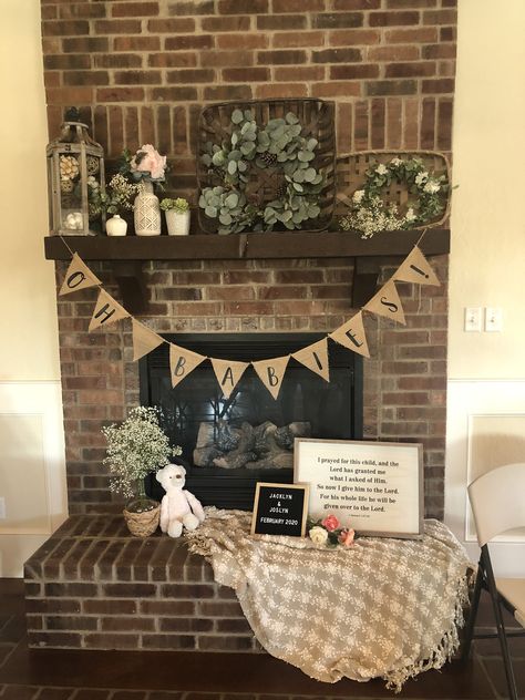 Baby Shower Fireplace Decor, Farmhouse Baby Shower Ideas, Baby Shower Mantle Decor, Eucalyptus Baby Shower Decor, Fireplace Hearth Decor, Farmhouse Baby Shower, Adoption Baby Shower, Cow Baby Showers, Sprinkle Shower