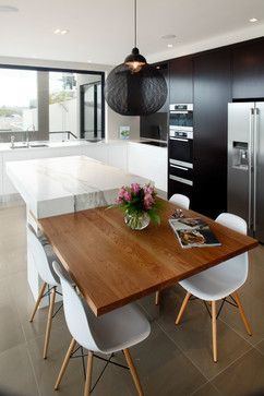 KITCHEN ISLAND AND DINING TABLE COMBO - this could literally pull out of island for entertaining Hiasan Dalaman Dapur, Dapur Moden, Idea Dapur, Reka Bentuk Dapur, Hiasan Dalaman Rumah, Reka Bentuk Dalaman, Contemporary Kitchen Cabinets, Kitchen Island Bench, Interior Dapur