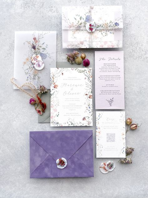 Wedding Invitation Flower Design, Invitation Suite Flat Lay, June Wedding Invitations, Wedding Invitations Lilac, Diy Invitations Wedding, Wedding Invitation Lavender, Wedding Invitations Lavender, Wedding Invitations Purple, Velvet Wedding Invitations