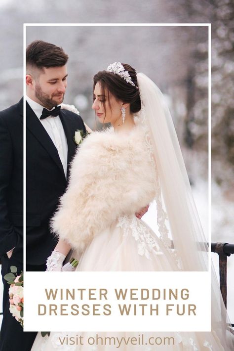 Add a touch of class to your winter wedding dress with fur. Yes, fur! It's an elegant look and one that is so appropriate for winter. Learn more by reading the post. #winterweddings #weddingdresses #weddingplanning #ohmyveilblog Winter Wedding Dress With Fur, Wedding Dress With Fur, Winter Wedding Dress Fur, Fur Wedding Dress, Dress With Fur, Boat Neck Wedding Dress, Winter Wedding Dresses, Winter Wedding Gowns, Winter Gowns