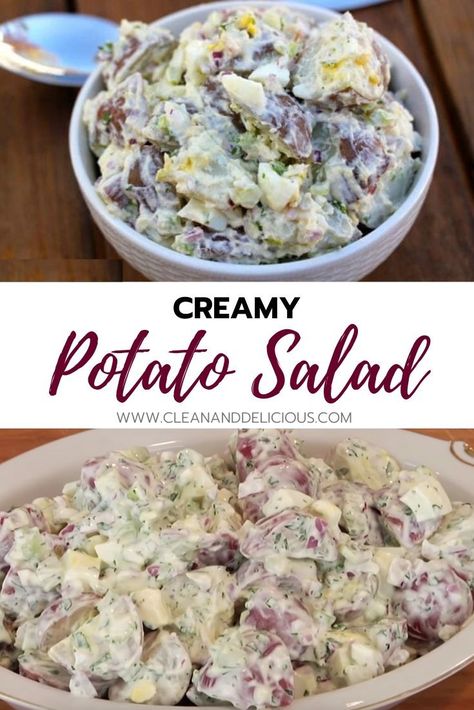 This light and cream potato salad is made with egg, onion, celery, greek yogurt, a little mayo, and red skin potatoes. It's all the classic flavors in a healthier homemade version. Watch the video to see how to make this simple and easy side dish! (Gluten Free + Vegetarian) Red Skin Potato Salad, Ranch Potato Salad, Red Potato Salad, Potato Salad Healthy, Red Potato, Potato Salad With Egg, Red Skin Potatoes, Easy Potato Salad, Creamy Potato Salad