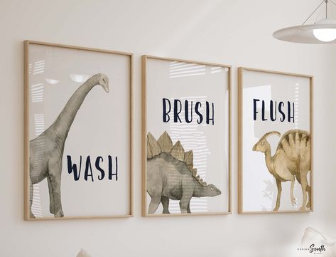 Dinosaur Bathroom Art, Dinosaur Theme Bathroom, Dinosaur Themed Bathroom, Dinosaur Bathroom Decor, Dinosaur Bathroom Ideas, Gray And Tan Bathroom, Boys Bathroom Ideas Kid, Kids Bathroom Decor Boys, Unisex Kids Bathroom Ideas