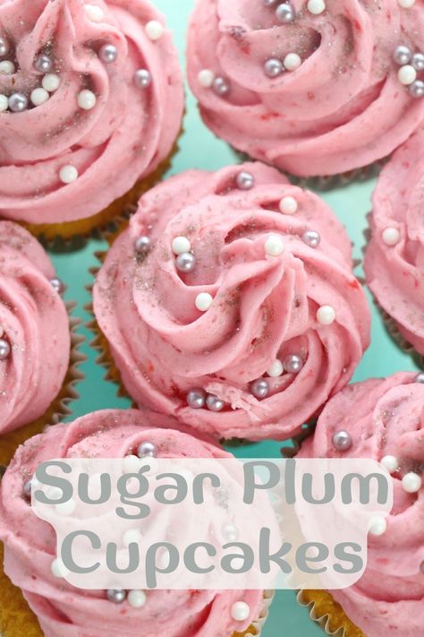 These Sugar Plum Fairy cupcakes begin with a homemade vanilla cake batter. They are filled with a made from scratch plum jam ready in minutes and topped with a homemade buttercream frosting flavored with that plum jam. Christmas cupcakes to celebrate the Nutcracker or for fairy parties any time of the year. Plum Cupcakes, Homemade Vanilla Cake, Homemade Buttercream, Fairy Cupcakes, Homemade Buttercream Frosting, Plum Jam, Good Pie, How To Make Cupcakes, Cupcake Flavors