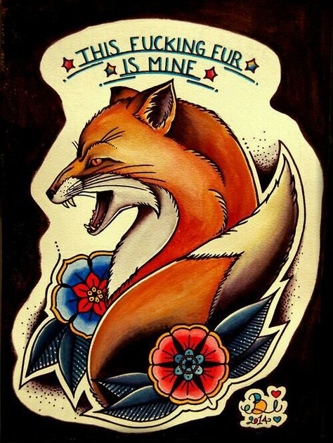 Fox flash tattoo Traditional Tattoo Animals, New Traditional Tattoo, Tattoo Traditional, Fox Tattoo, Tattoo Illustration, Traditional Tattoos, Wolf Tattoos, Tattoo Flash Art, American Traditional Tattoo