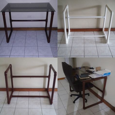 Four different images showing the various stages of construction to completion of a desk made from pvc pipes with a glass top Pvc Pipe Shelves, Pvc Shoe Racks, Pvc Pipe Storage, Pvc Pipe Furniture, Pvc Furniture, Pipe Desk, Glass Top Desk, Pvc Table, Pipe Table