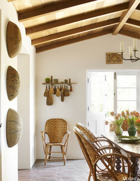 HOUSE TOUR:  Vintage French rattan chairs and painted African baskets in the dining room. A Sun-Kissed Retreat Inspired By Spanish History Spanish History, Montecito California, Homes Decor, French Style Homes, Tuscan Design, Mediterranean Home Decor, European Home Decor, Spanish Style Homes, Best Kitchen Designs