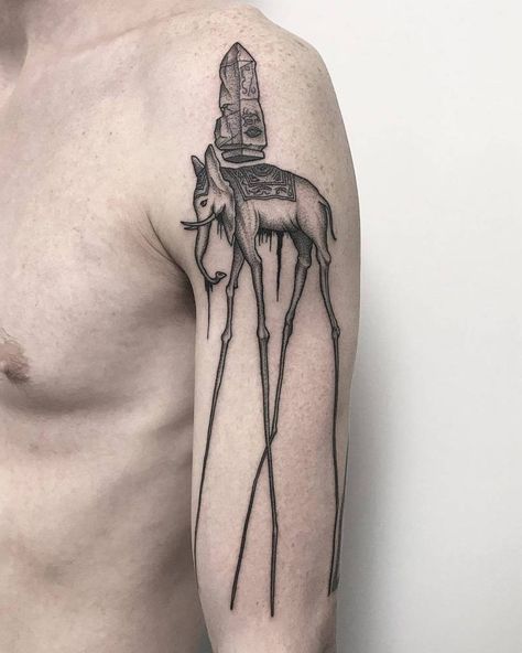 "Reinterpretation of Dali's elephant" Thank you Marco, it was a pleasure! Dali Tattoos, Salvador Dali Tattoo, Collage Tattoo, Dali Tattoo, Art Inspired Tattoos, Tattoo Linework, Minimalistic Tattoo, Elephant Tattoo Design, Hip Tattoos Women