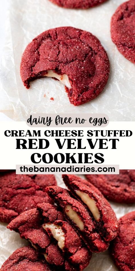 Stuffed Red Velvet Cookies, Egg Cream Cheese, Vegan Christmas Cookies Recipes, Vegan Red Velvet, Banana Diaries, Gluten Free Vegan Recipes Desserts, Vegan Dessert Bars, Vegan Christmas Cookies, Egg Cream