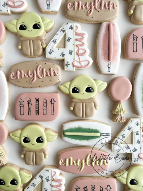 Baby Yoda Cookies Decorated, Baby Yoda Birthday Party Ideas Girl, Yoda Pinata, Astronaut Birthday Party Ideas, Baby Yoda Birthday Party Ideas, Baby Yoda Cookies, Baby Yoda Party, Yoda Cookies, Yoda Birthday