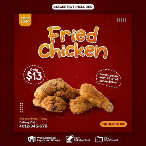 PSD fried chicken flyer promotion design... | Premium Psd #Freepik #psd Chicken Flyer Design, Template For Social Media, Promotion Design, Pamphlet Design, Social Media Promotion, Chicken Feed, Promotional Design, Flyer Design Templates, Food Poster