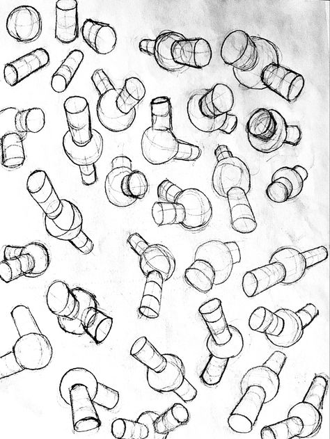 The pelvis and upper legs can be broken down into simple forms such as a sphere and two cylinders, a cube and two cylinders, etc. Cylinder Shape Drawing, Shape Study Drawing, Simple Forms Drawing, Sphere Drawing Practice, Drawing Fundamentals Practice, Cube Practice Drawing, Cylinders In Perspective, Cube Drawing Perspective, Sphere Drawing Reference