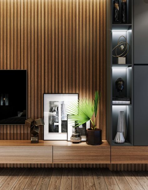 Black Tv Panel Design, Black Wooden Slats Tv Wall, Walnut Tv Wall Panel, Wood And Black Tv Unit, Wood Panel Tv Wall Black, Lcd Unit, Lcd Units, Tv Walls, Contemporary Decor Living Room