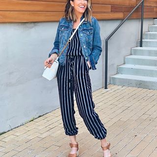 Jumpsuit Outfit With Cardigan, Jumpsuit Outfit With Jacket, Stripe Jumpsuit Outfit, Outfit With Cardigan, Strapless Jumpsuit Outfit, Ways To Style Leggings, Style A Denim Jacket, White Jacket Outfit, Jumpsuit And Jacket