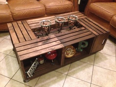 Wine Crate Diy, Wine Crate Coffee Table, Wood Crate Coffee Table, Wooden Crate Coffee Table, Crate Side Table, Round Metal Side Table, Diy Wooden Crate, Crate Coffee Table, Coffee Table Plans