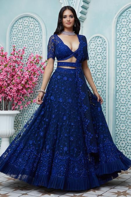 Floral Embroidered Lehenga Set Indian Fits, Bridesmaid Lehenga, Coral Lipstick, Butterfly Net, Reception Lehenga, Indian Outfits Lehenga, Desi Wear, Blue Lehenga, Royalty Aesthetic