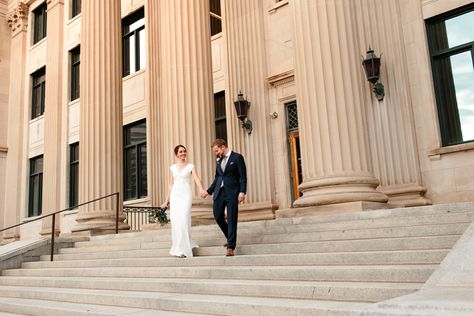 Bride and Groom for an Uptown Charlotte Elopement wedding at the Mecklenburg County Courthouse in Charlotte, NC. The Stewarts Roam Photography. Charlotte Nc Photography Locations, Charlotte Nc Elopement, Charlotte Photography Locations, Charlotte Nc Engagement Photos, Charlotte Nc Wedding, Charlotte Courthouse Wedding, Charlotte Nc Engagement Shoot, Courthouse Wedding With Family, Charlotte City