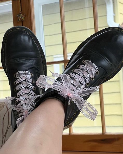 Ribbons On Shoes, Combat Boots With Ribbon Laces, Shoes With Ribbon Laces, Boots With Ribbon Laces, Ribbon Laced Docs, Docs With Ribbon Laces, Doc Marten Ribbon Laces, Pink Converse With Ribbon Laces, Pink Ribbon Shoe Laces