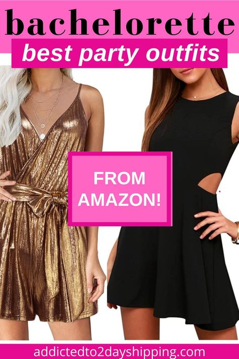 If you are looking for bachelorette party must haves from outfit ideas, to decor ideas, ballons, drinks, and games, this post has it all! Amazon has everything you need to throw the best bachelorette party whether it's a fun night in or out, nearby or a destination! These fun bachelorette party ideas are perfect for the bride to be! Bachelorette Black Outfit Night Party, Black Outfits For Bachelorette Party, Bachlorette Outfit Ideas For Bridesmaid, Classy Black Bachelorette Party, Gold And Black Bachelorette Party, Amazon Bachelorette, Bachelorette Black Outfit Night, All Black Bachelorette Party Outfit, Fall Bachelorette Party Outfit