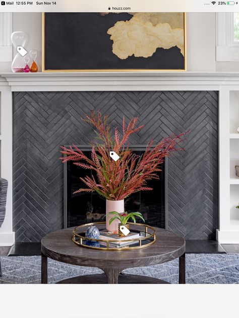 Grey Slate Fireplace, Black Chevron Fireplace, Black Herringbone Fireplace Tile, Dark Grey Painted Tile Fireplace, Slate Herringbone Fireplace Surround, Black Herringbone Tile Fireplace Surround, Herringbone Fireplace Surround, Herringbone Fireplace Tile, Herringbone Tile Fireplace