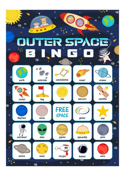 "Outer Space BINGO for kids - Outer Space BINGO GAME Printable bingo game, Instant download party game Space bingo game for child's party You will receive the complete game set: PRINT AS MANY AS YOU LIKE! - 20 unique bingo cards in single and double-page   - Calling card   - Bingo markers ❗️ MATCHING ITEMS HERE: https://etsy.me/3s4Vvpz INSTANT DOWNLOAD ACCESS AND PRINT TODAY! * Perfect for parents who want a party without wasting time, resources and money! We've got you covered. * All our party Space Theme Party Games, Space Birthday Party Games, Space Bingo, Card Bingo, Game For Boys, Holidays Activities, Summer Holiday Activities, Bingo Games For Kids, Printable Bingo Games