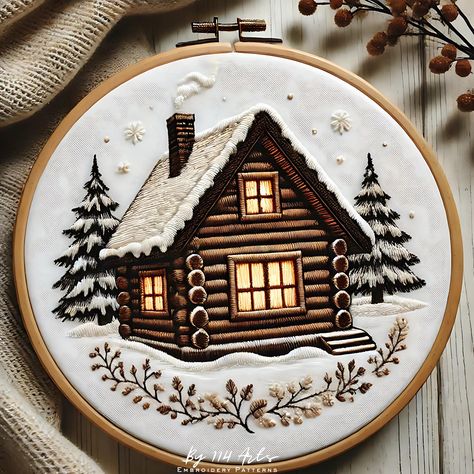 Embroidery Ideas For Men, Easy Christmas Embroidery, Cozy Winter House, Holiday Embroidery Patterns, Xmas Embroidery, Christmas Hand Embroidery, Diy Hand Embroidery, House Pattern, Winter Embroidery