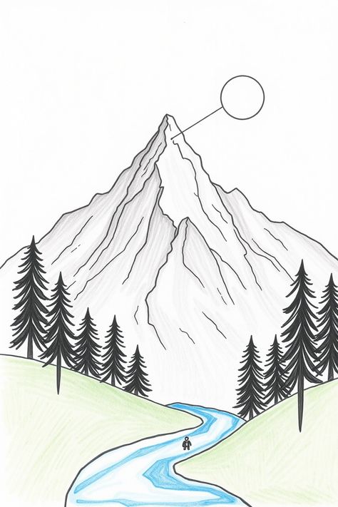 How To Draw A Mountain Range, Snow Capped Mountains Drawing, Mountain Doodles Simple, Cute Mountain Drawing, How To Draw A Mountain, Mountain Background Drawing, Mountain Range Drawing, Mountain Drawing Simple, Mountain Drawings