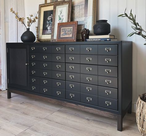 || AVAILABLE || Apothecary inspired vintage sideboard in black and dark wood combo with antique brass toned hardware 😍 This is one of our original designs that we did in wood tones before but opted for a painted finish this time. I love dark, rich and moody tones, and how paint and wood tones pair together. Apothecary style has a special place in my heart- they have so much character! This sideboard with a mix of old and new world charm is available now! All wood construction with vintage... Library Card Catalog, Apothecary Style, Love Dark, Apothecary Cabinet, Wood Tones, Vintage Sideboard, Wood Construction, Apothecary, Dark Wood