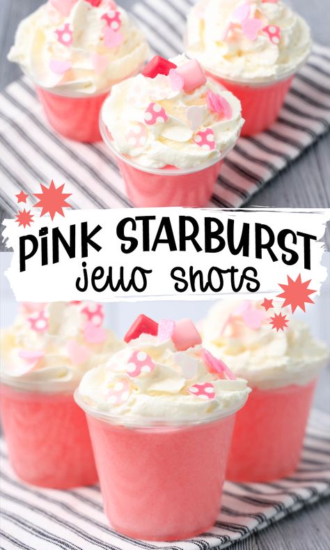 Pink Starburst Jello Shots Recipe - easy food - Love and Marriage Starburst Jello Shots Recipe, Pink Starburst Jello Shots, Jello Dessert Cups, Starburst Recipe, Starburst Jello Shots, Wine Jello Shots, Malibu Jello Shots, Rum Jello Shots, Strawberry Jello Shots